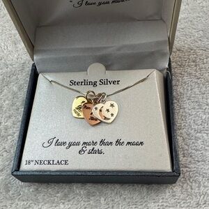 NWT Sterling Silver Heart Charm Necklace Moon and Stars 18” chain